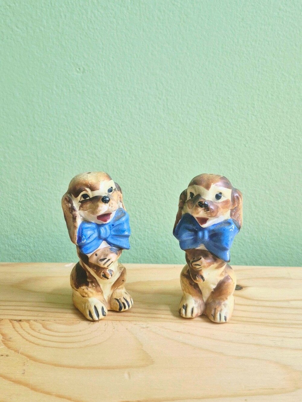 Vintage Ceramic Puppy Salt & Pepper Shakers with Blue Bows